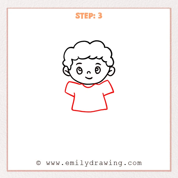 how to draw a cartoon man - Cartoon man with a completed head and a simple T-shirt body added, including short sleeves and a rounded neckline.